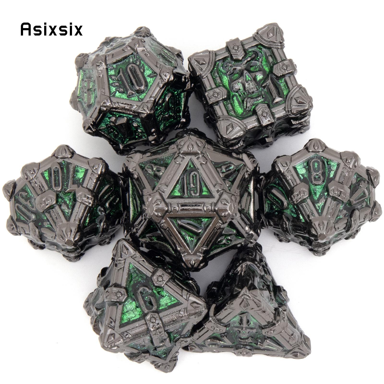 Metal Dice Perfect for Tabletop Rpgs and Card Games 7 Pcs Silver Green Skull Dice Solid Metal Polyhedral Dice Role-Playing RPG