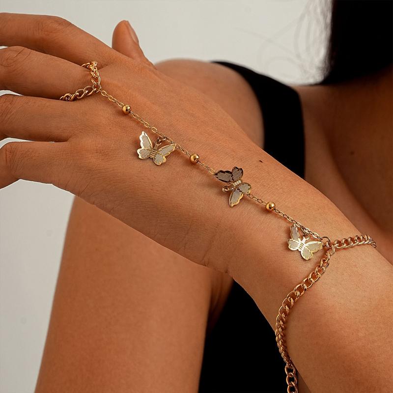 

Vintage Gold Color Butterfly Beaded Finger Bracelet for Women Simple Metal Insect Adjustable Bracelet Beach Vacation Zircon