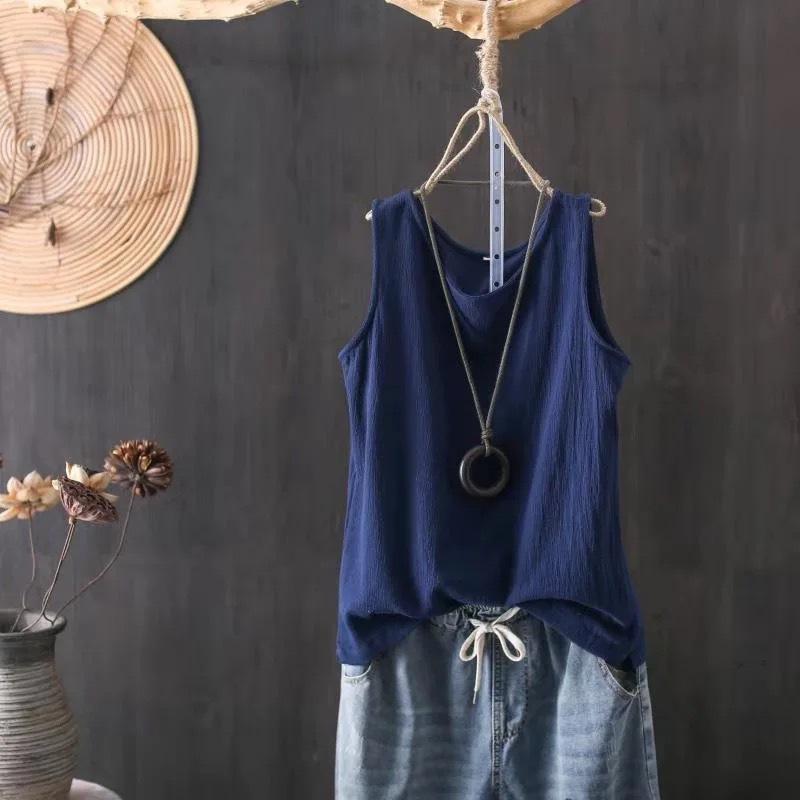 Spring/Summer Women's Knitted Tank Top Solid Color Artistic Retro Loose Cotton and Hemp Bottom Shirt Strap Top
