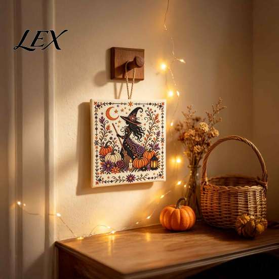 Traditional Folk Art Stitching Halloween Embroidery Kit, DIY Stitch Kit for Adults, Cute Witch Beginner Needlepoint Set Ghost Black Cat Pumpkin