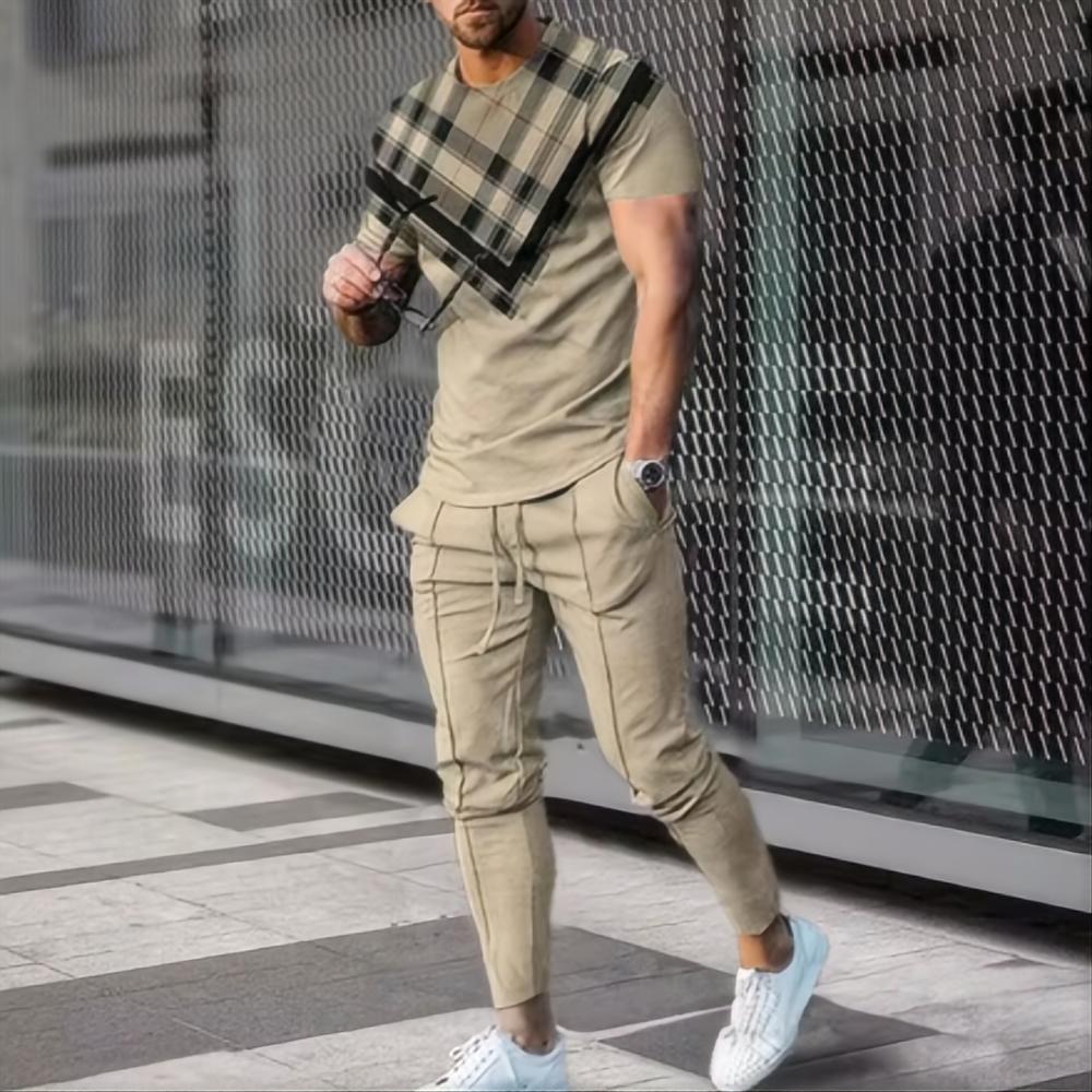 Men's Sports Set Jogging Suit Printed Summer Fashion Fun Short Sleeved Men's T Shirt Pants Set