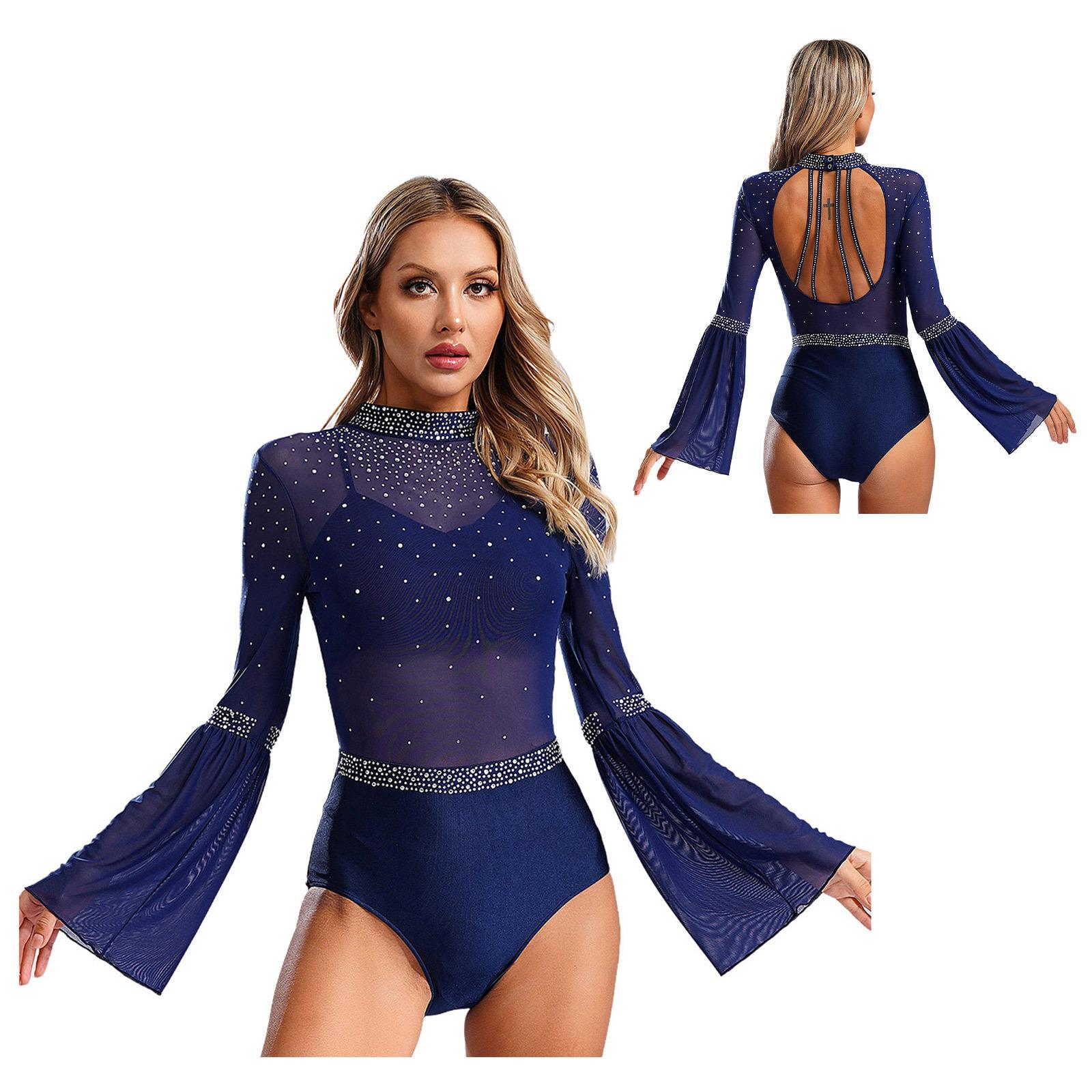 

Жіночий одяг з блискітками та рукавами-кльош, без спинки, блискучий стразовий кришталь, для гімнастики, джазу, латинського фігурного катання, балету S темно-синього кольору