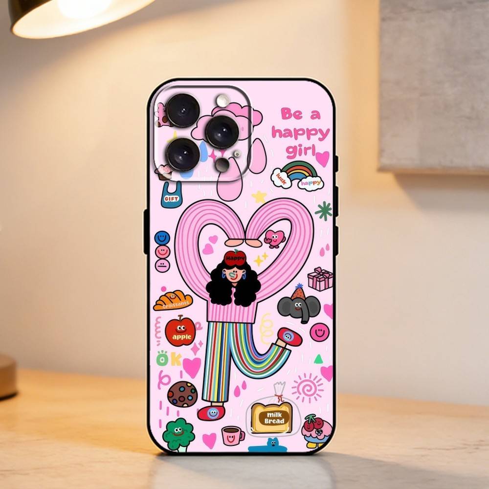Ins Korean funny and happy girl Phone Case For iPhone 17,16,15,14,13,12,11 Plus,Pro Max,XS,Soft Silicone Black Cover