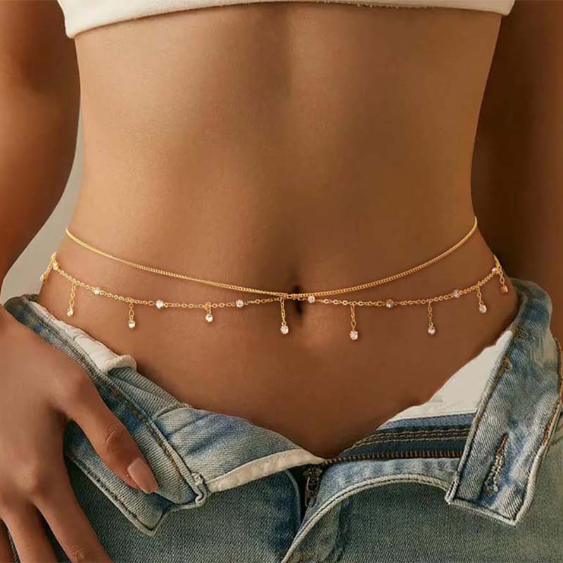 Nuova Catena Vita con Frange di Strass a Doppio Strato per Donna Moda da Spiaggia Catena Corpo in Cristallo Accessorio Vita 2025 Accessori Bikini
