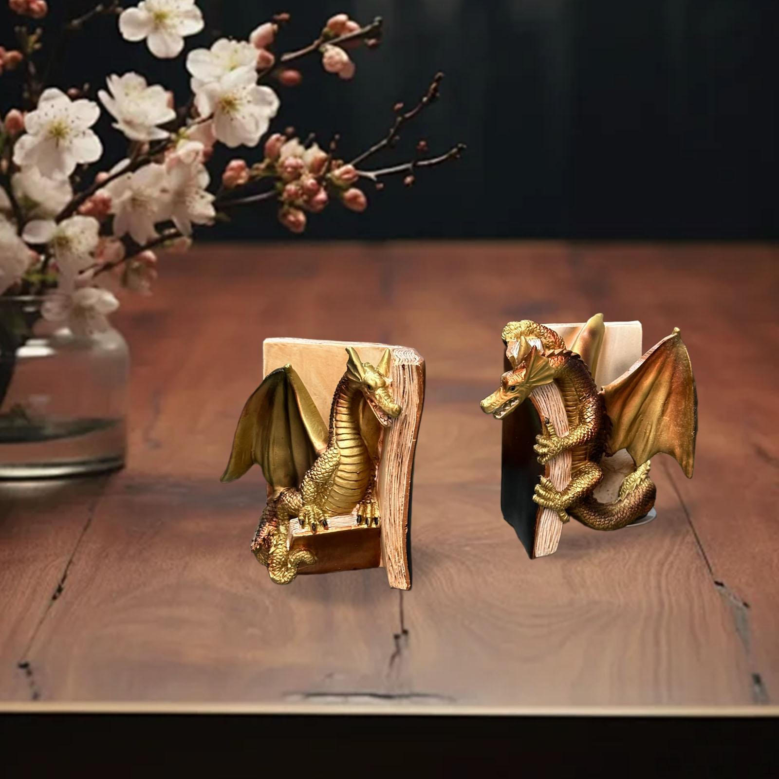 2Pcs Dragon Bookends Shelf Decor Animal Non Skid Gifts Figurine Book Stopper for Home