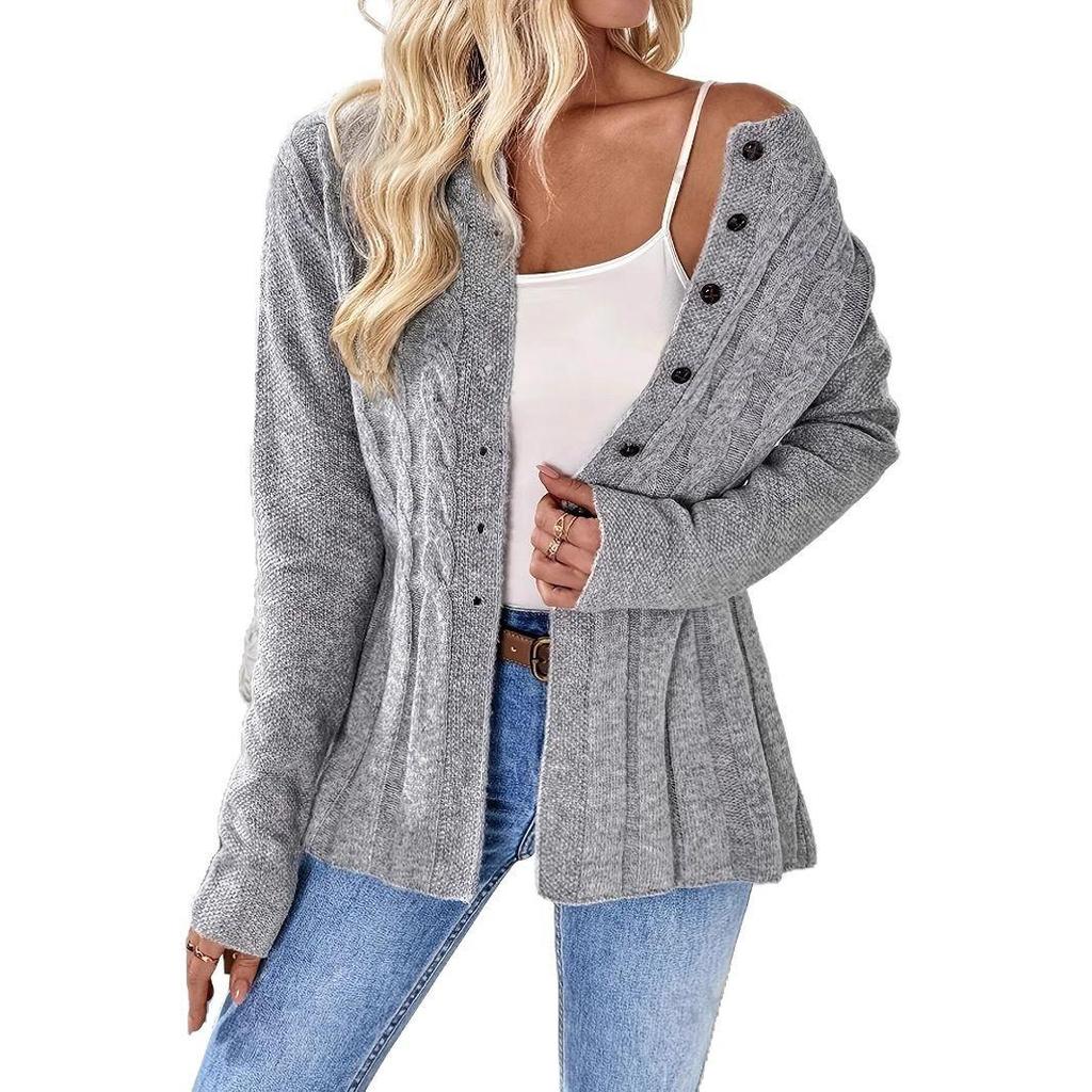 2026 European Style Women's Cable Knit Cardigan: Round Neck, Waist-Cinched, A-Line Hem, Single-Breasted Sweater Coat for Spring/Autumn