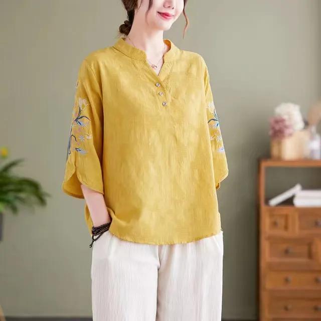 Chinese Style Women's Summer Blouse, Women's Embroidered Small Shirt, Chinese Style Linen Mother's New Shirt