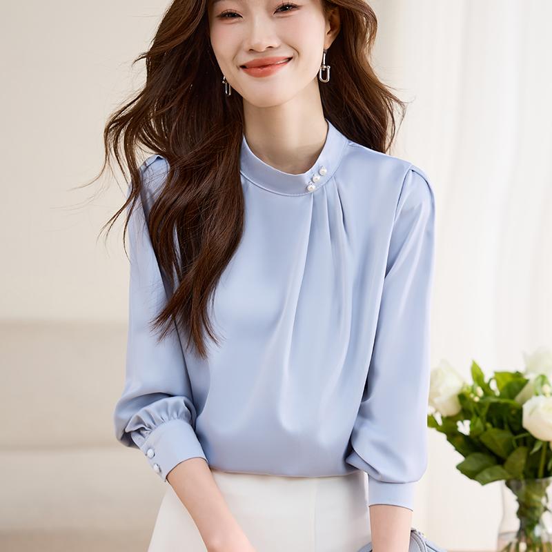 Damen Blusen Hemden 2025 Frühling Langarm Damen Bluse Hemd Rundhals Weiß Schwarz Chiffon Bluse Hemd Damen Oberteile J834