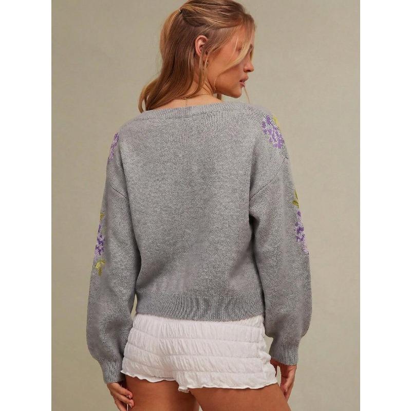 Women S Loose Round Neck Long Sleeve Knit Sweater Lazy Floral Pattern