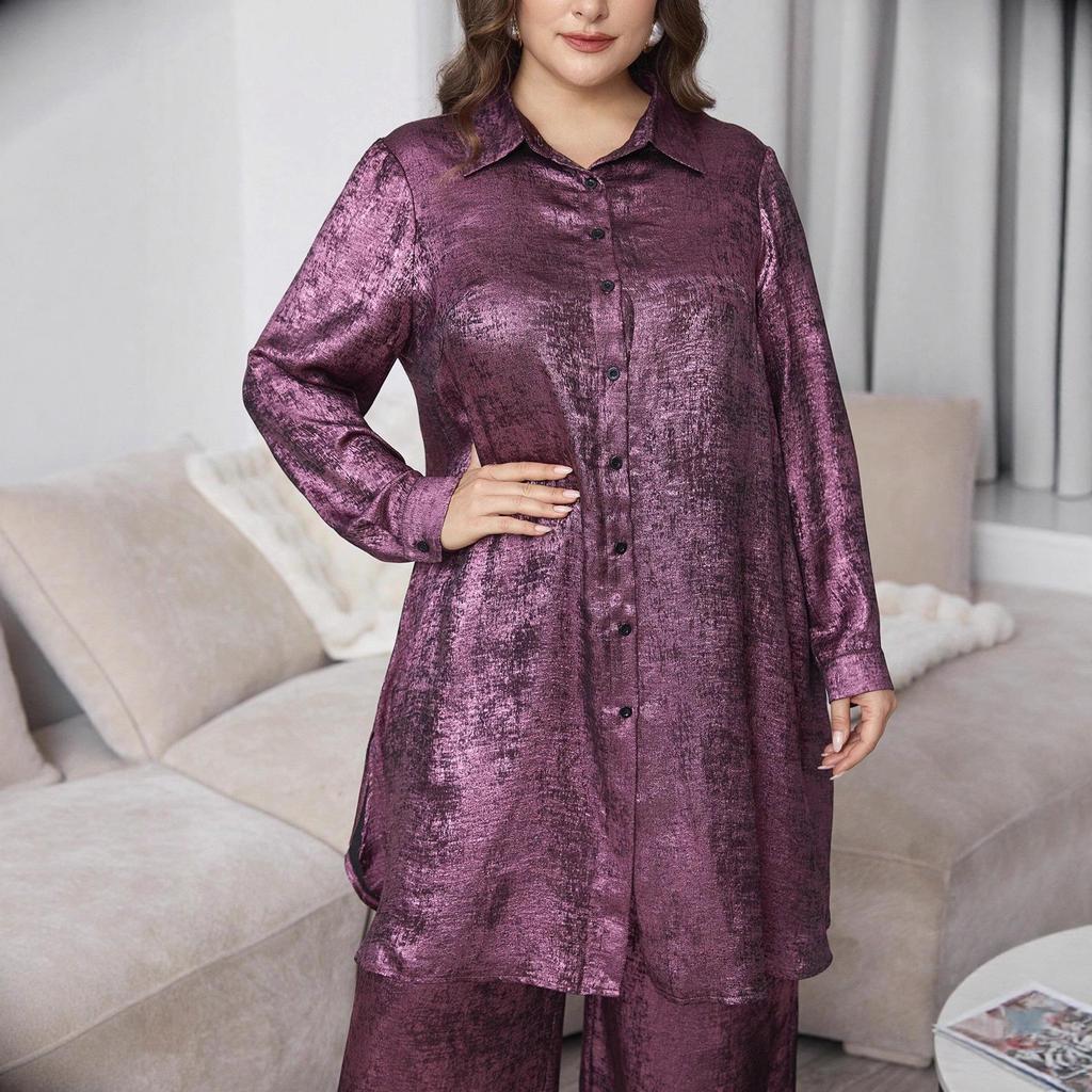 Auf Lager Elegantes Zweiteiliges Set für Damen in Übergrößen für Herbst/Winter: Freizeithemd & Weit geschnittene Hose