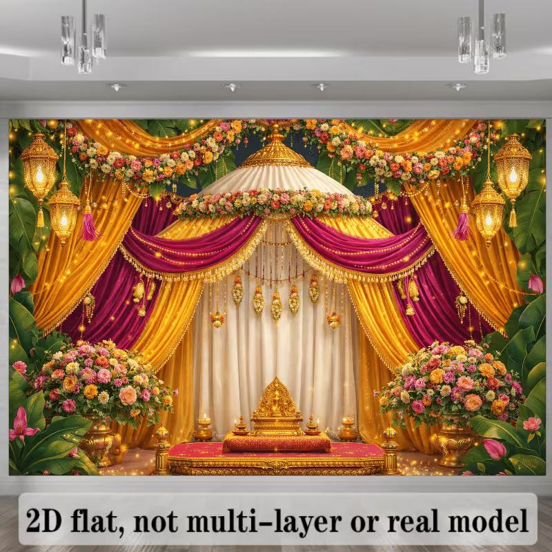 2D Elegant Indian Mandap Backdrop, Pink & Gold Drape Wedding Ceremony Banner