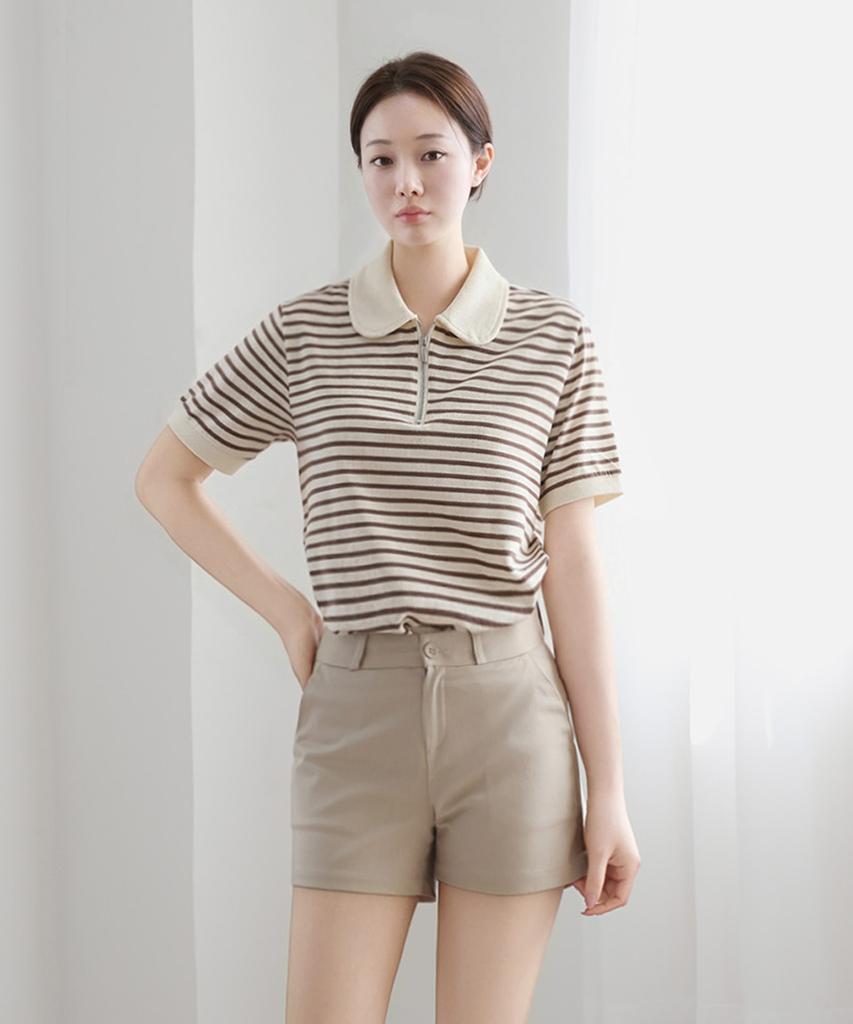 Keulleiseu Js Zip-Up Collared Short Sleeve T-Shirt_Pink