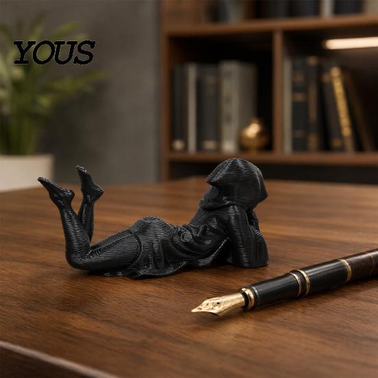 Literary Art Gift Hooded Laying Lady Reaper Figurine, 3D Printed Gothic Dark Fantasy Sculpture, Niche Collectible Black Robed Women Statue