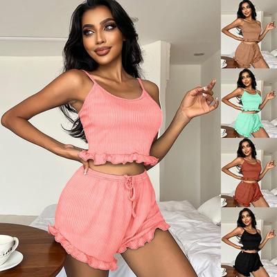Damen Sexy Geripptes Strick-Camisole und Shorts Pyjama-Set mit Überkreuzträgern - Europäische & Amerikanische Homewear