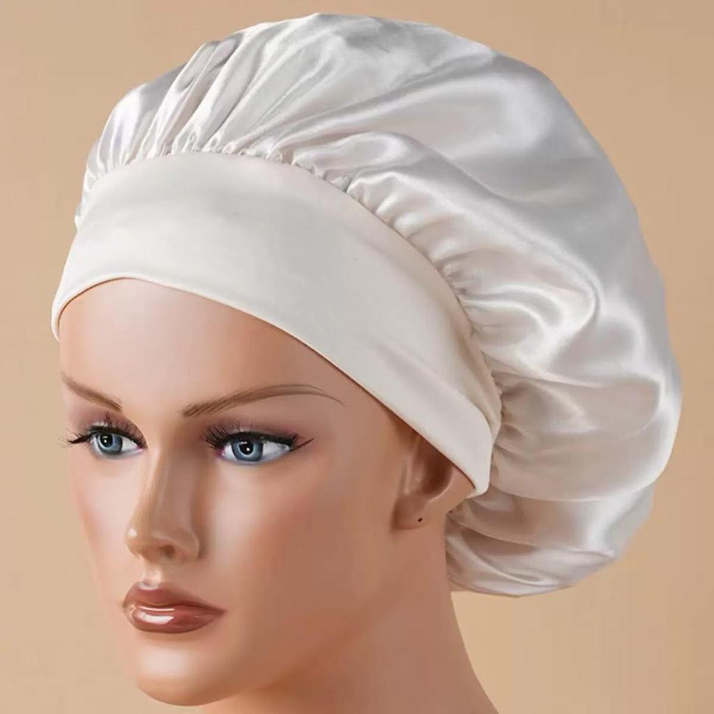 Faux Silk Satin Stretch Sleep & Shower Cap - Narrow Brim Round Cap for Hair Care