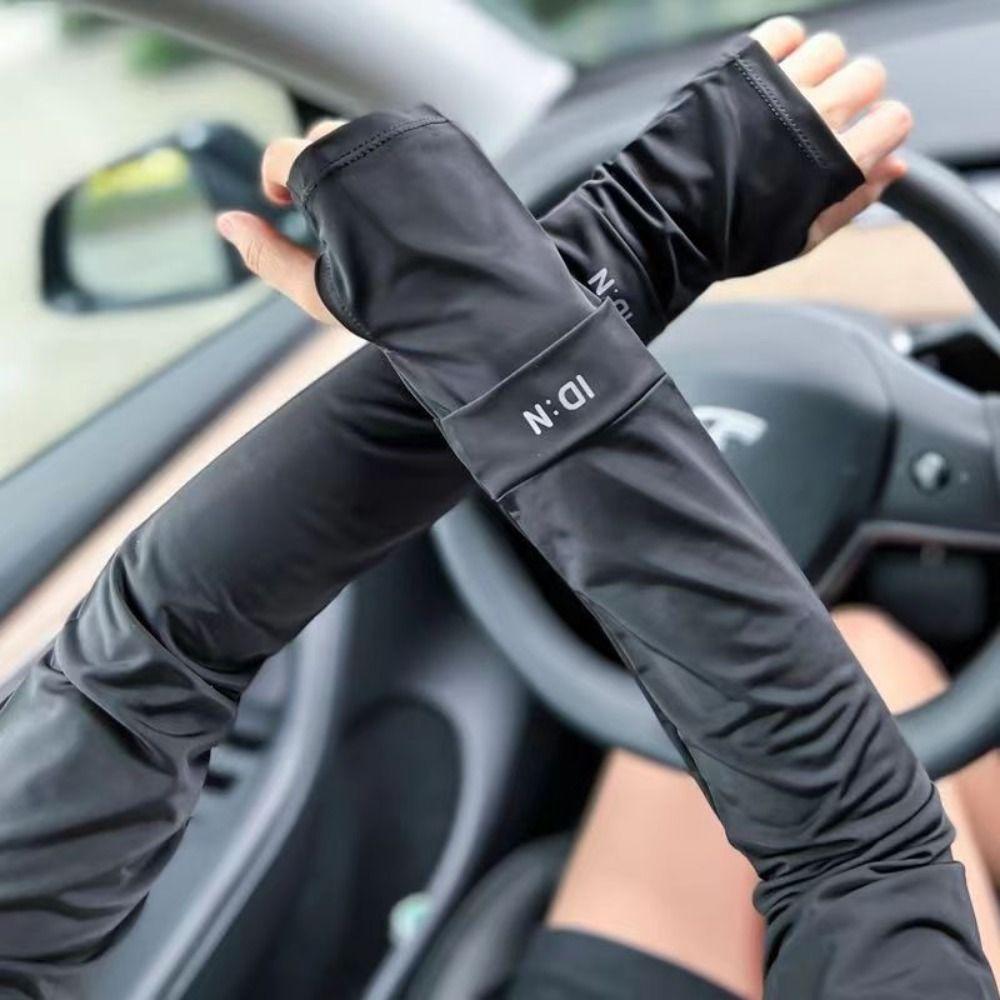

1 pair Solid Color Sunscreen Ice Sleeve Letter Driving Arm Protection Gloves Cycling grey-ID