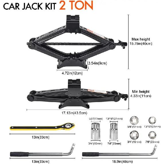 2 Ton Scissor Car Jack with Tire Changing Kit - Emergency Tool for Cars, SUVs, MPVs