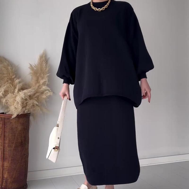 Herbst 2024 Europäisches & Amerikanisches Einfarbiges Lockeres Stricktop und A-Linien-Rock Set