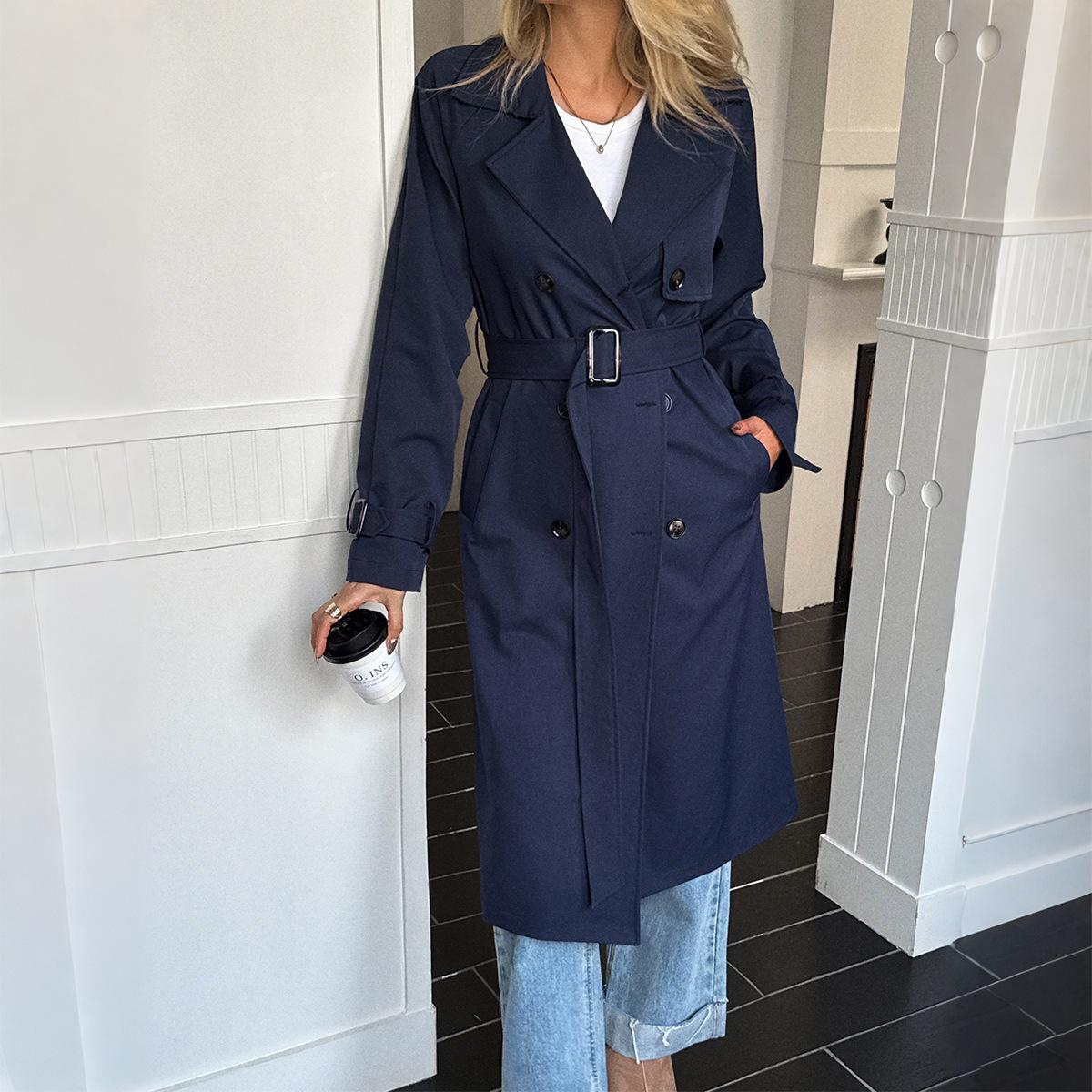 

Простое однотонное пальто-куртка с длинным рукавом, модное и универсальное, женская одежда для通勤, осень и зима 2025 S синий