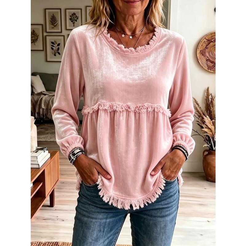 Women S Casual Loose Long Sleeve U Neck Lace Splicing Top