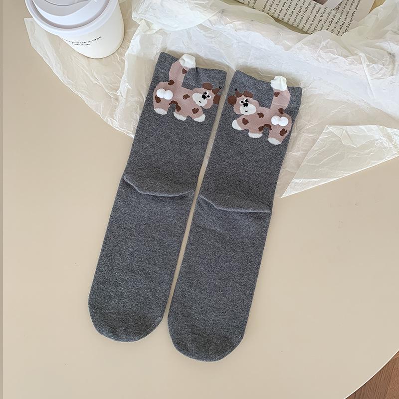 

Women s Mid-Calf White Cotton Socks - Autumn/Winter 2025 Style, Odor-Resistant, Sporty, with Cute Egg Dog Design One Size