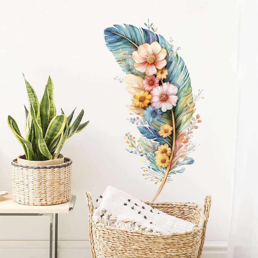 Feather Bouquet Wall Stickers, Removable Self-Adhesive Decals for Bedroom Background Door Home Decor