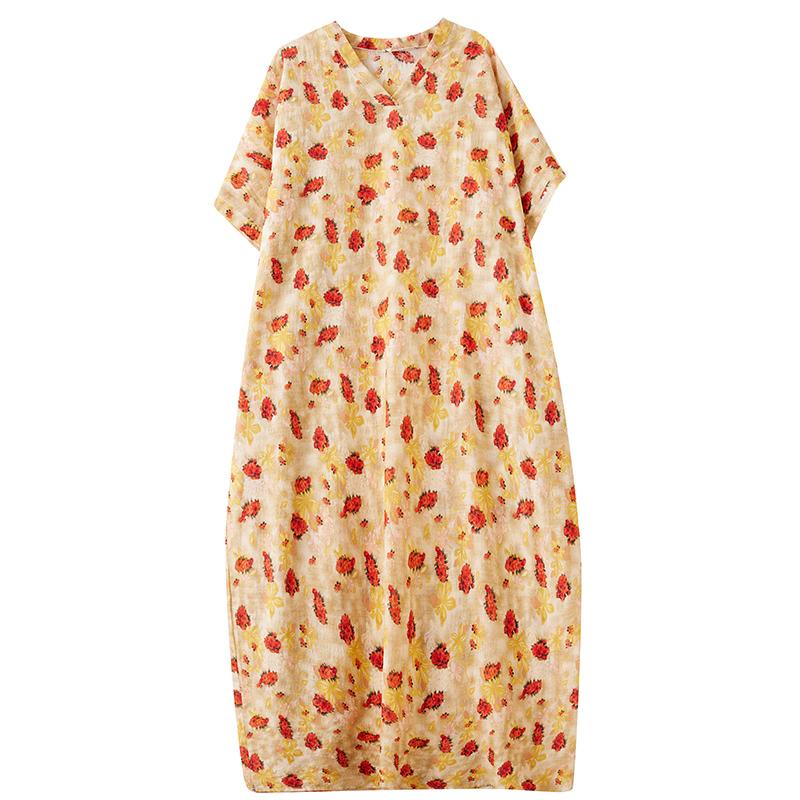 Dimanaf 2025 Women Plus Size Summer Long Dress Floral Casual Vintage Dress Basic V-Neck Loose Dress Maxi