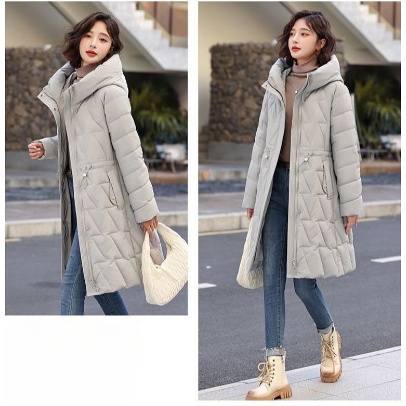 Women’s Winter High End Elegant Thickened Mid Length Padded Down Coat Waist Cinched Hooded Warm Fashion Outerwear