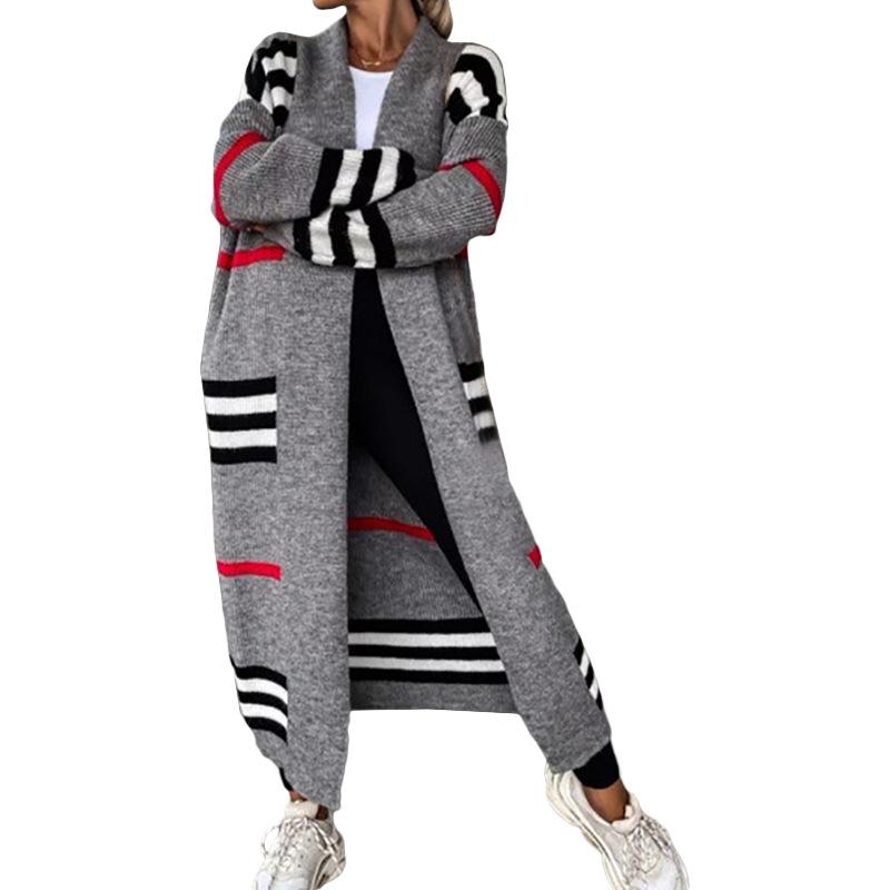 Maglione cardigan lavorato a maglia a righe lunghe da donna autunno e inverno