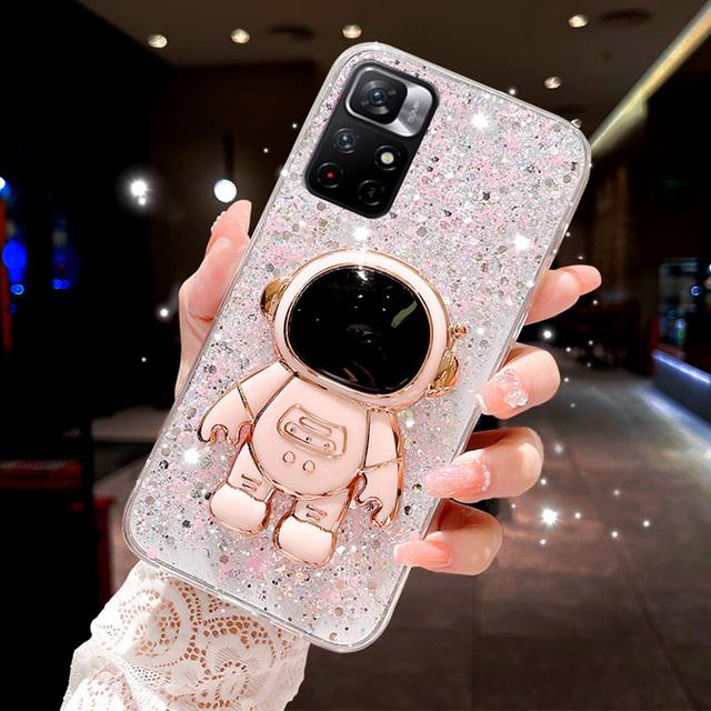 

Блестящий силиконовый чехол с подставкой астронавта для Xiaomi Redmi Note 11 11S 10 10S 9 9S 9A 9C 10C 9T POCO X3 X4 F4, золотой, серебряный чехол из фольги Mi POCO F4 розовый