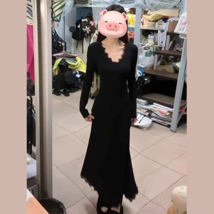 Women s French Black Long-Sleeve Bodycon Dress with Cinched Waist for Spring/Autumn 2026 S