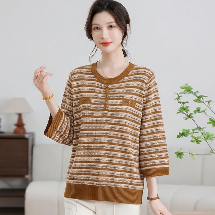 Elegant Korean-Style Striped Knitwear T-Shirt for Women, Plus Size, Loose Fit, Five-Sleeve, Perfect for Middle-Aged & Elderly, Spring Wear.