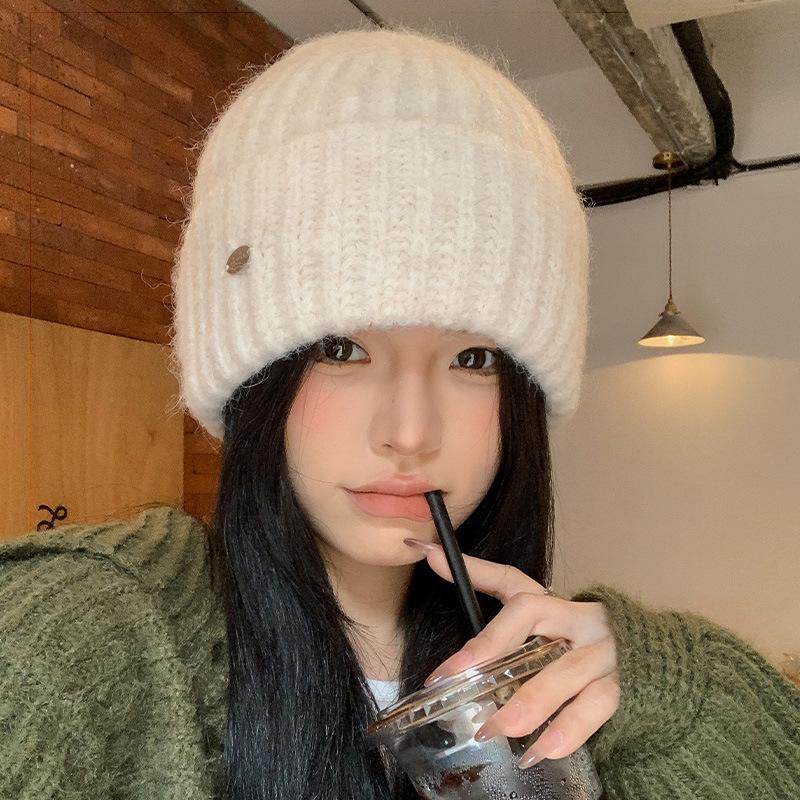 Blue wool hat women's autumn and winter versatile face small knitted hat big head circumference cold and warm bag head hat
