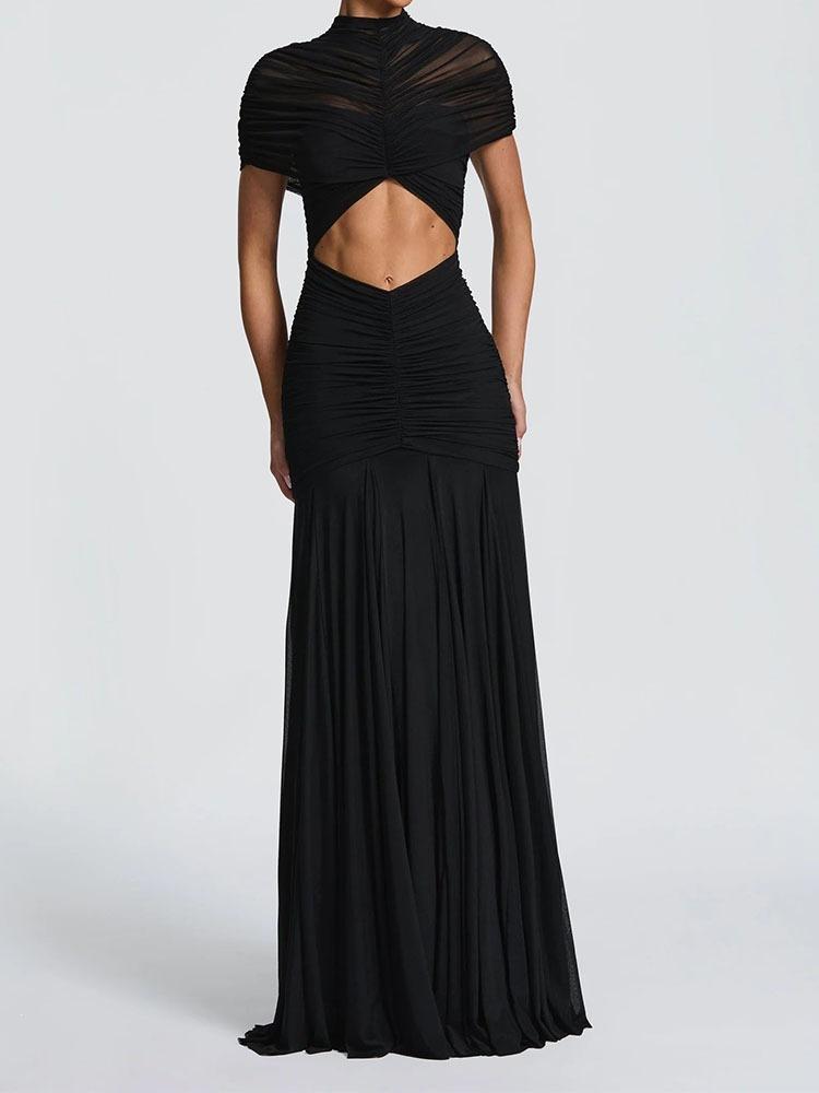 2026 new women's fashion temperament sexy hollow hip wrap pleated solid color dress long dress European and American clothing