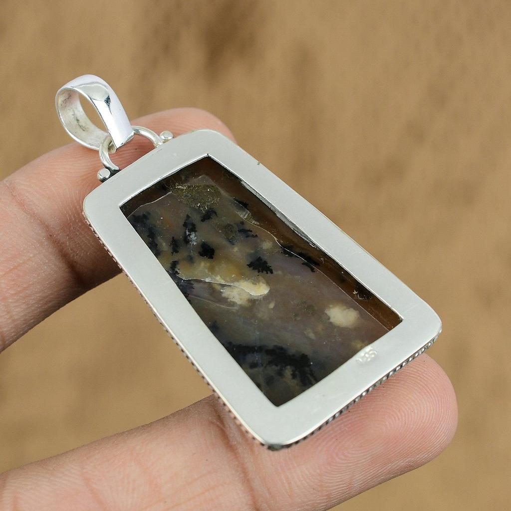 Natural Honey Dendrite Opal Gemstone Pendant 925 Sterling Silver For Women