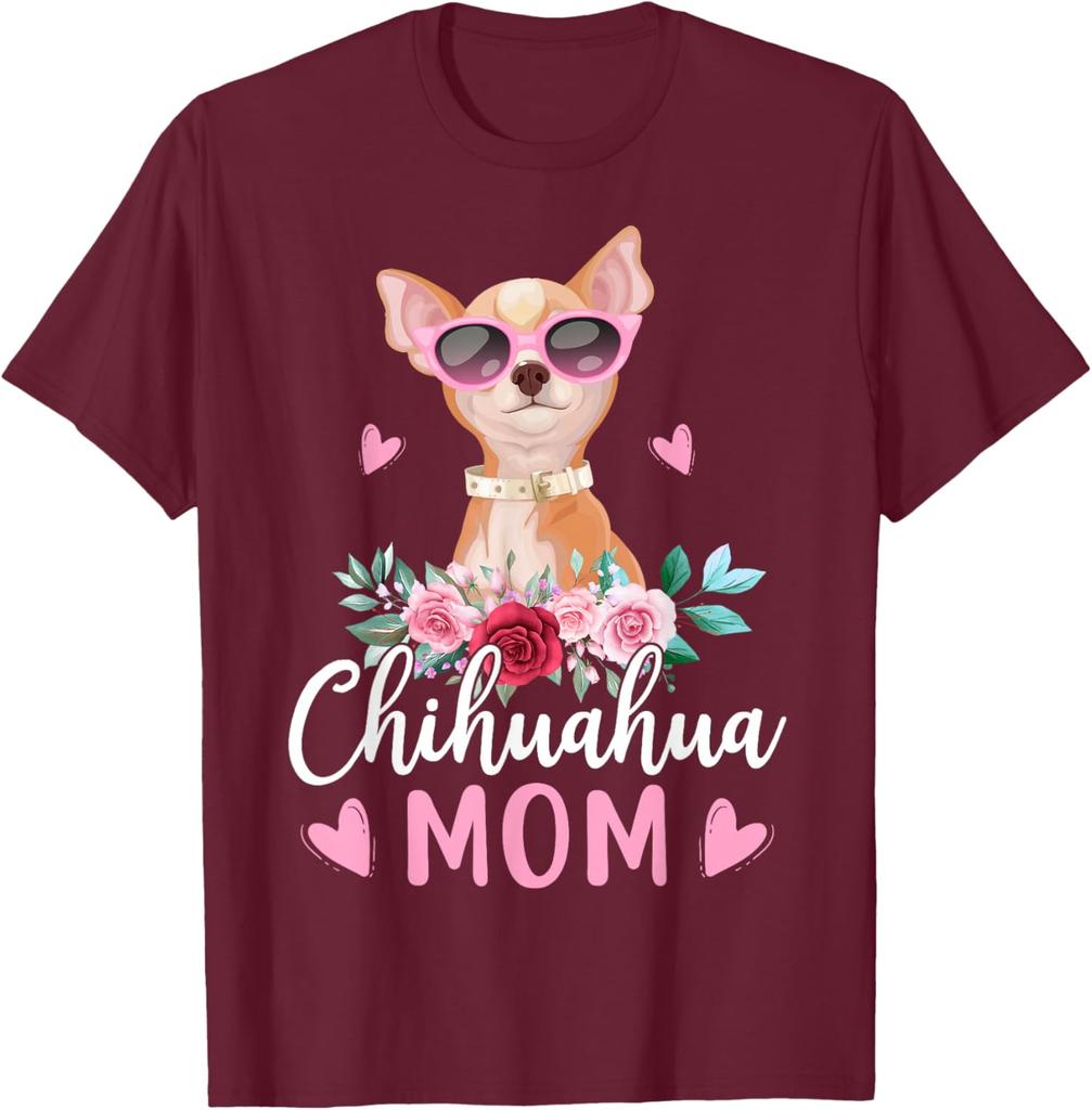 Chihuahua Mom Sunglasses Flower Graphic T-Shirt Cute Dog Lover Casual Crewneck Tee