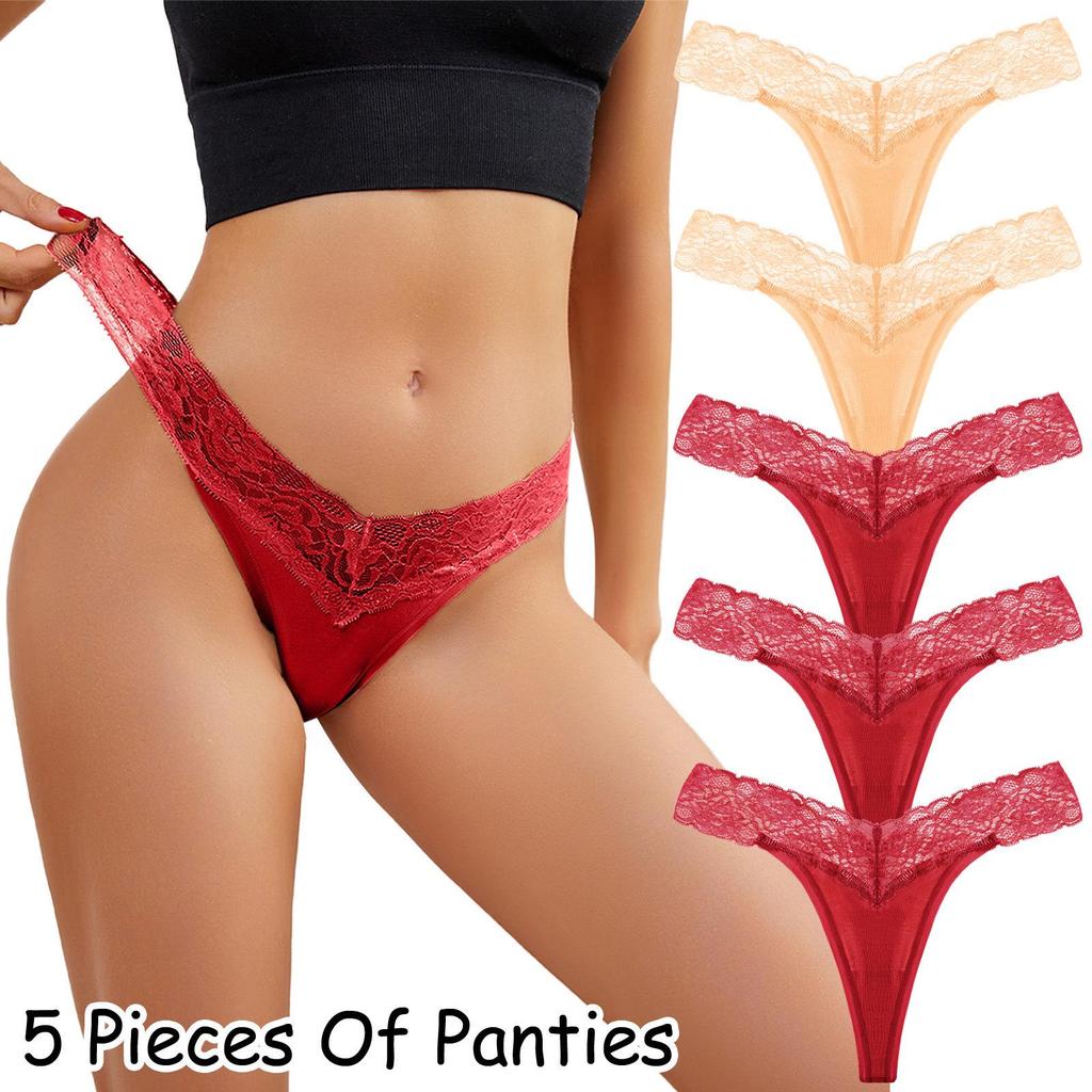 5-Piece Plus Size Women's Lace Low-Rise Thong Set