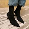 2026 Vintage Damen Stiefeletten Mode Spitz zulaufende Schuhe Herbst Winter Hoher Absatz Damen Elegant Stretch Schlank Kurze Stiefel