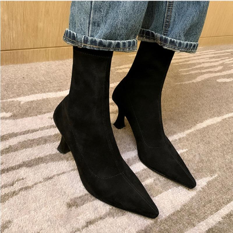 2026 Vintage Damen Stiefeletten Mode Spitz zulaufende Schuhe Herbst Winter Hoher Absatz Damen Elegant Stretch Schlank Kurze Stiefel