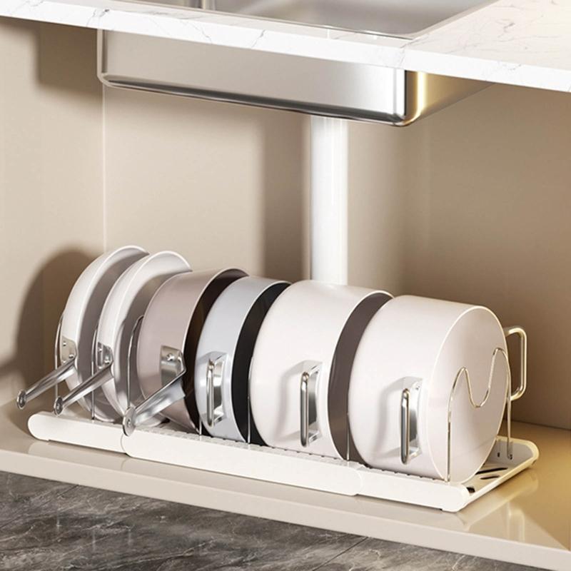 Space Saving Under Cabinet Storage Rack For Cookware Expandable Pots and Pans Organizer With Adjustable Dividers