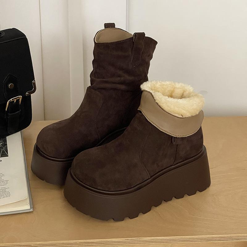 

Зимние ботинки для женщин, обувь на мягкой зимней платформе, новинка 2025 года, меховые плиссированные ботильоны, женские ботинки до середины голени на толстой подошве 35 чёрный