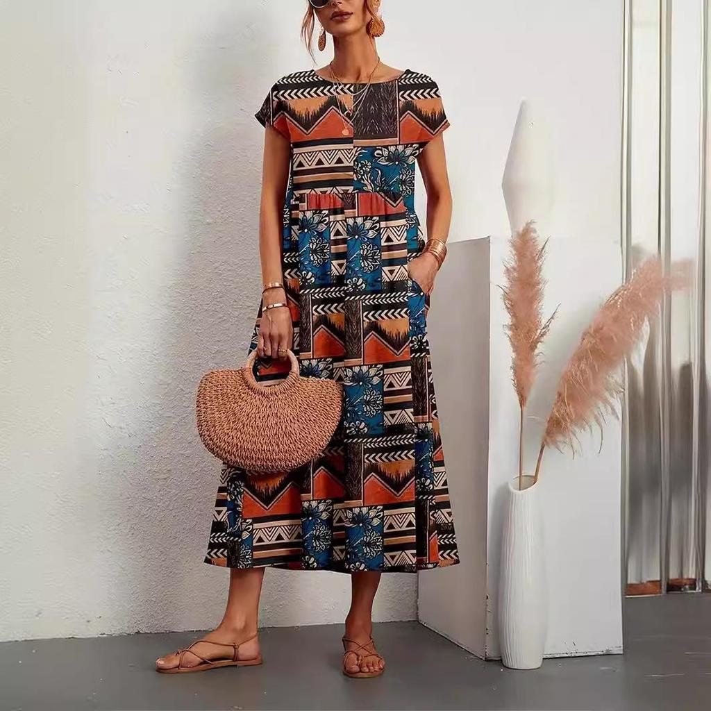 Damenkleid Rundhalsausschnitt Bedruckt Kurzärmelig A-Linie Maxi-Rock Einzigartige Blumenmuster Lange Kleider
