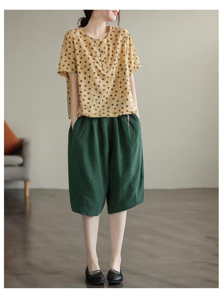 W magazynie: Damskie letnie spodnie retro z bawełny i lnu - Elastyczna talia, Design pięciopunktowy, Rozmiar plus, Styl casualowy
