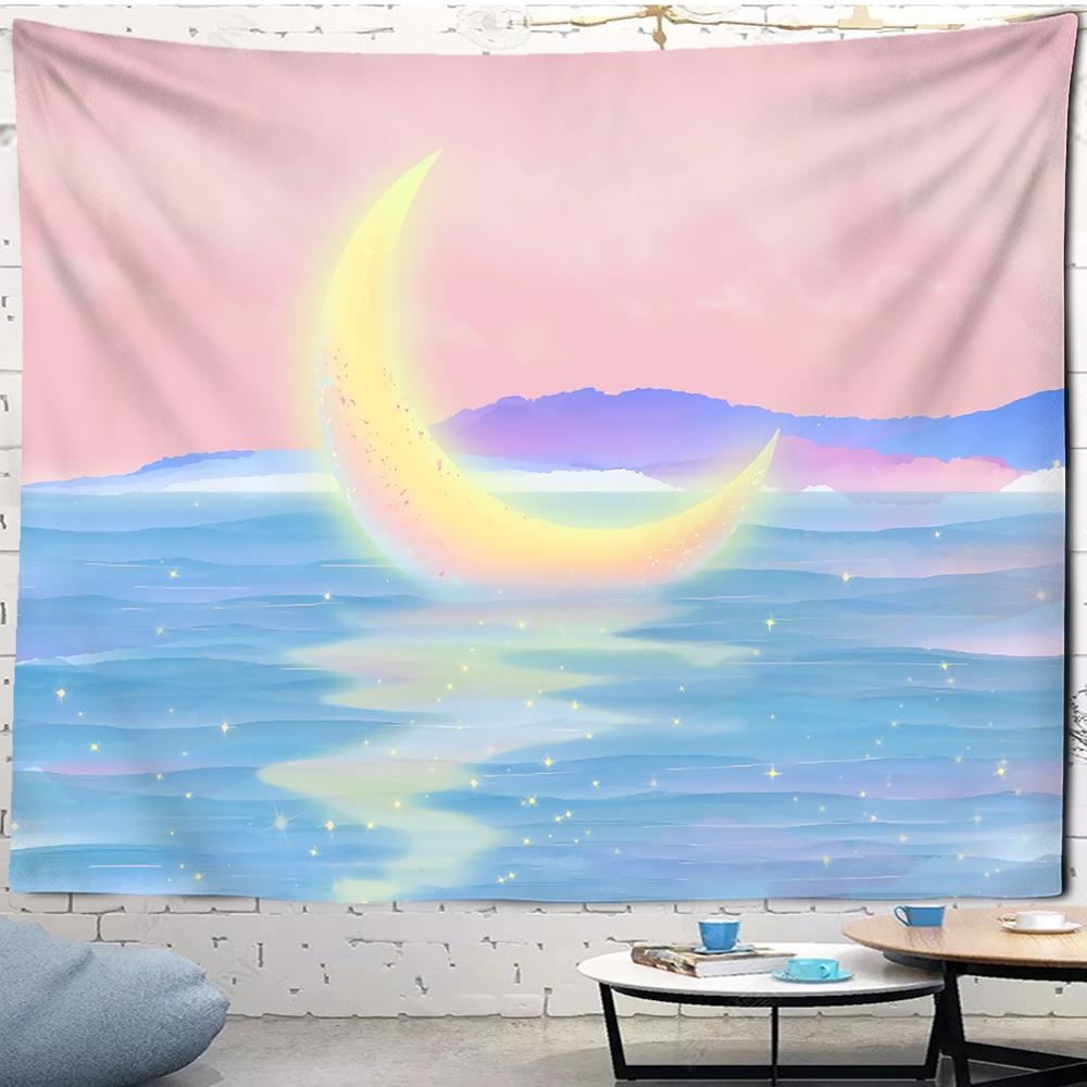 Pink Moon Starry Tapestry Universe Wall Hanging Room Dorm Tapestries Cartoon Art Home Psychedelic Kawaii Bedroom Decor Tapestry