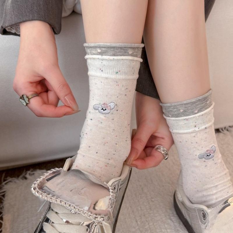 Children's Spring/Summer Collection Cute Cartoon Embroidered Socks - Women's Mid-Calf Socks with Boneless Trendy Stripes and Layered Design