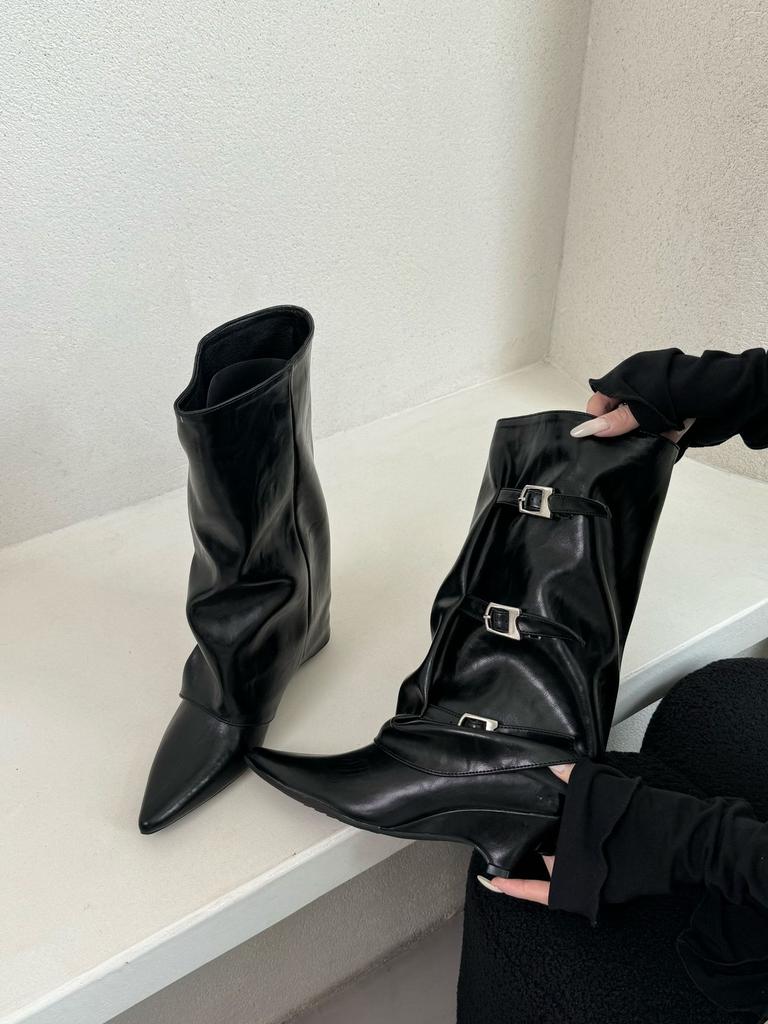 European and American Slope Heel High Heel High Boots Women's 2025 New Spring and Autumn Pointed Pile Solid Color Long Trousers Knight Boots