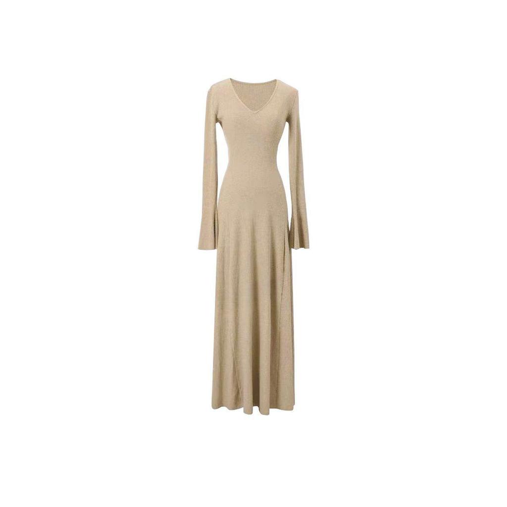 Women's Elegant V-Neck Long Sleeve Knit Dress - Slimming, Versatile, and Flattering for Autumn and Winter