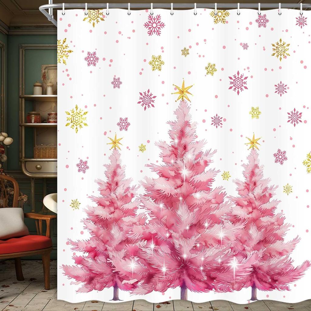 Christmas Tree Shower Curtain Green Trees Snowflake Decorative Bath Curtain Xmas Holiday Waterproof Fabric Bathroom Curtain Se