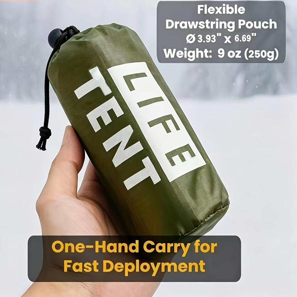 Portable emergency survival tent, snow-proof warm shelter, tubular rainproof fabric, army green tough guy style, with whistle and paracord storage