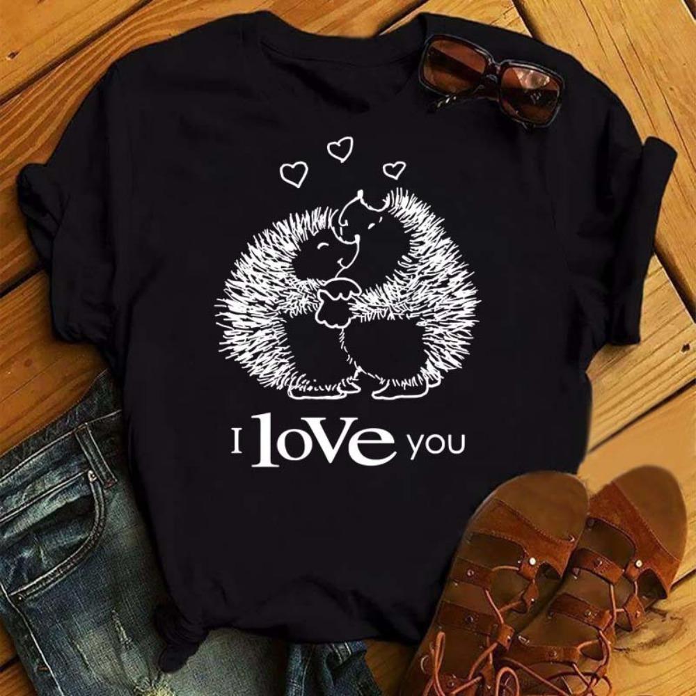 Women's Short-sleeved Hedgehog Print Fashion Round Neck T-shirt Oversized T-shirt Aesthetic Clothes Top